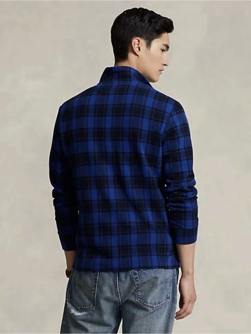Ralph Lauren polo Plaid Estate-Rib Quarter-Zip Pullover large blue black tartan